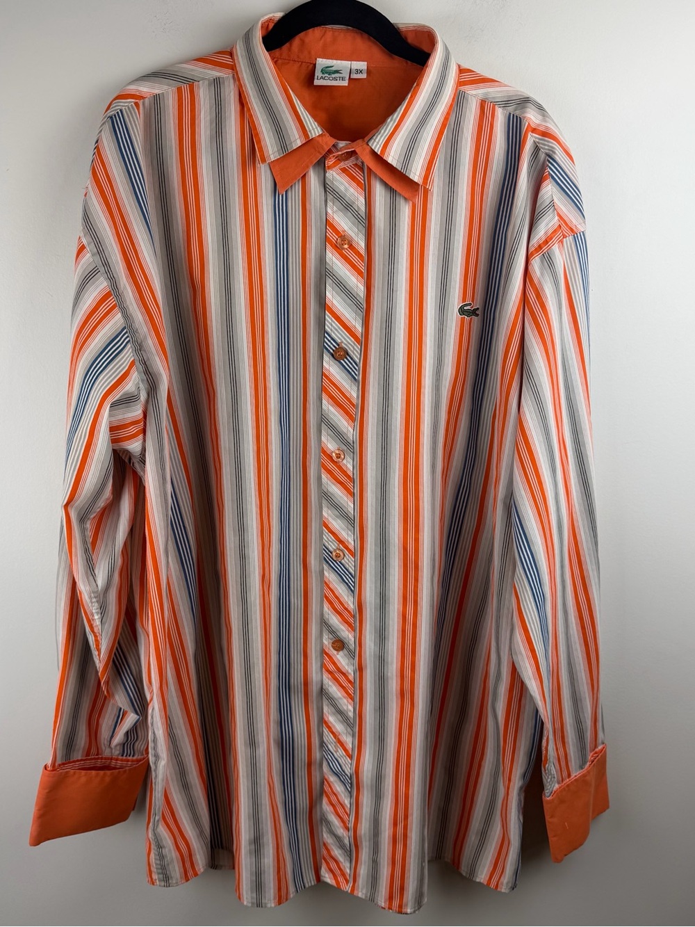Vintage Lacoste Men Orange White Striped Long Sleeve Button Up Shirt Size 3X